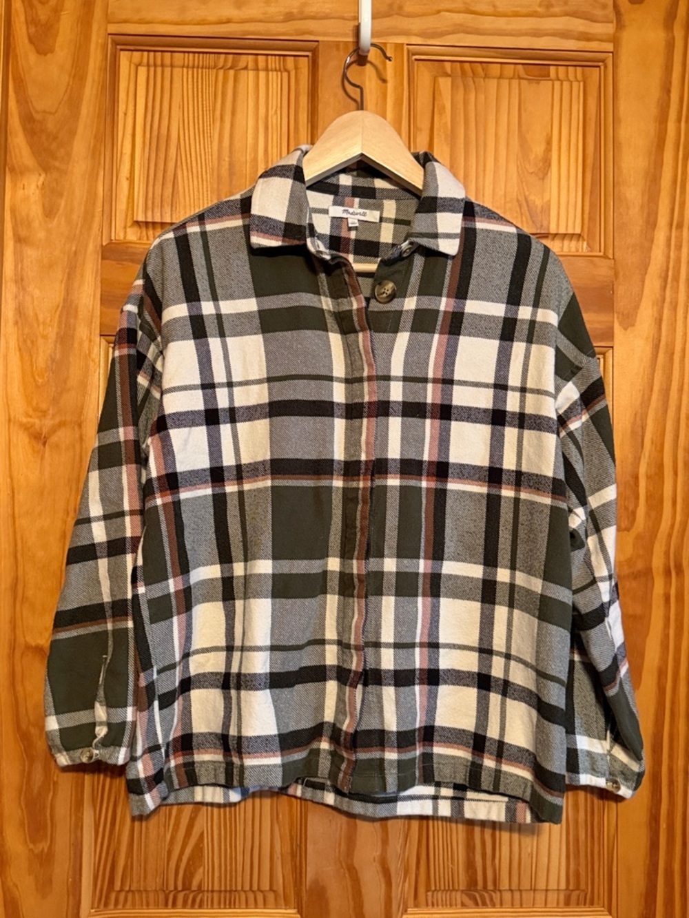 Madewell Plaid Shirt Jacket in Olive, Cream & Black with Rust Accent